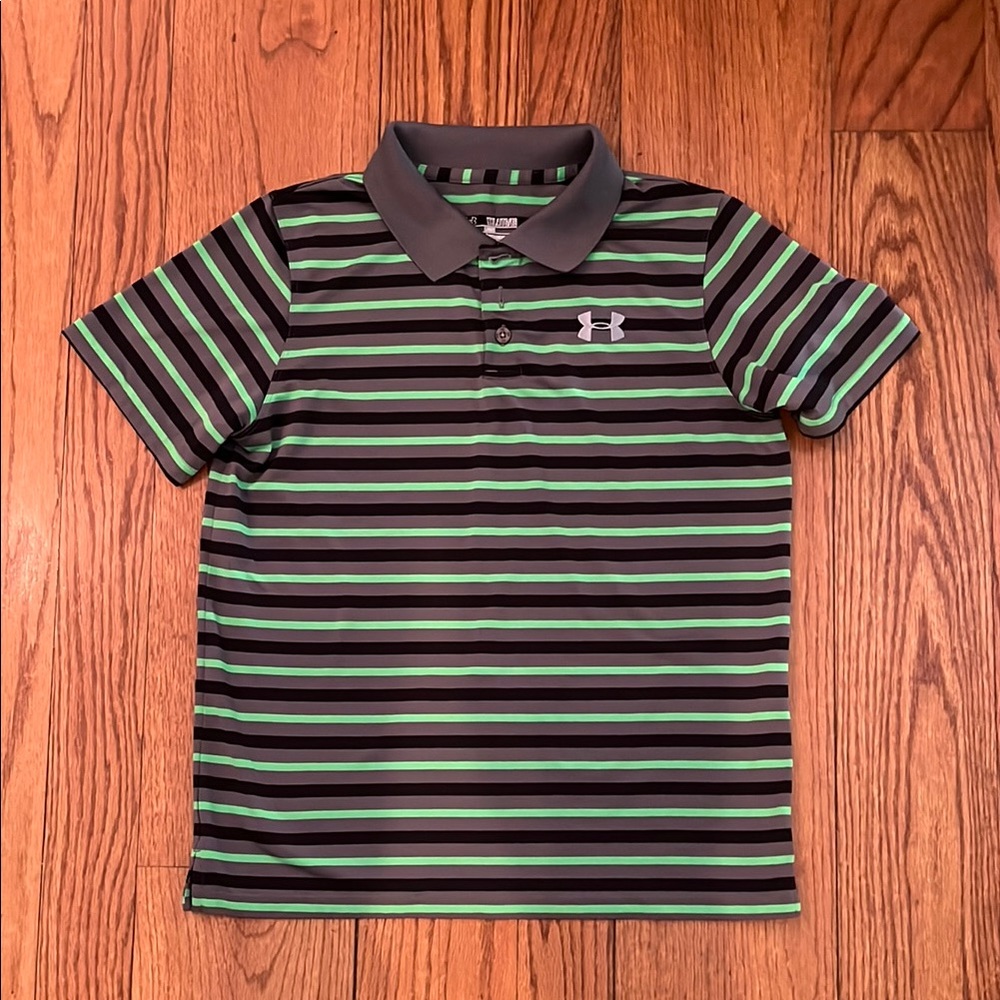 Under Armour Youth XL loose fit, dry fit material golf polo, green/grey/black